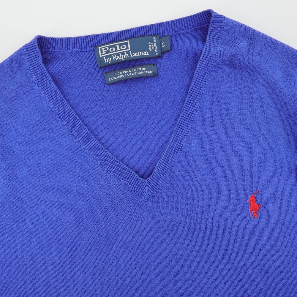 Polo‎ Ralph Lauren Pima Cotton V-Neck Sweater Vest Royal Blue Sleeveless Mens L